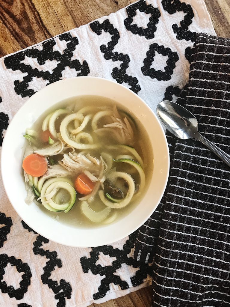 Paleo chicken zoodle soup using the KitchenAid spiralizer attachment